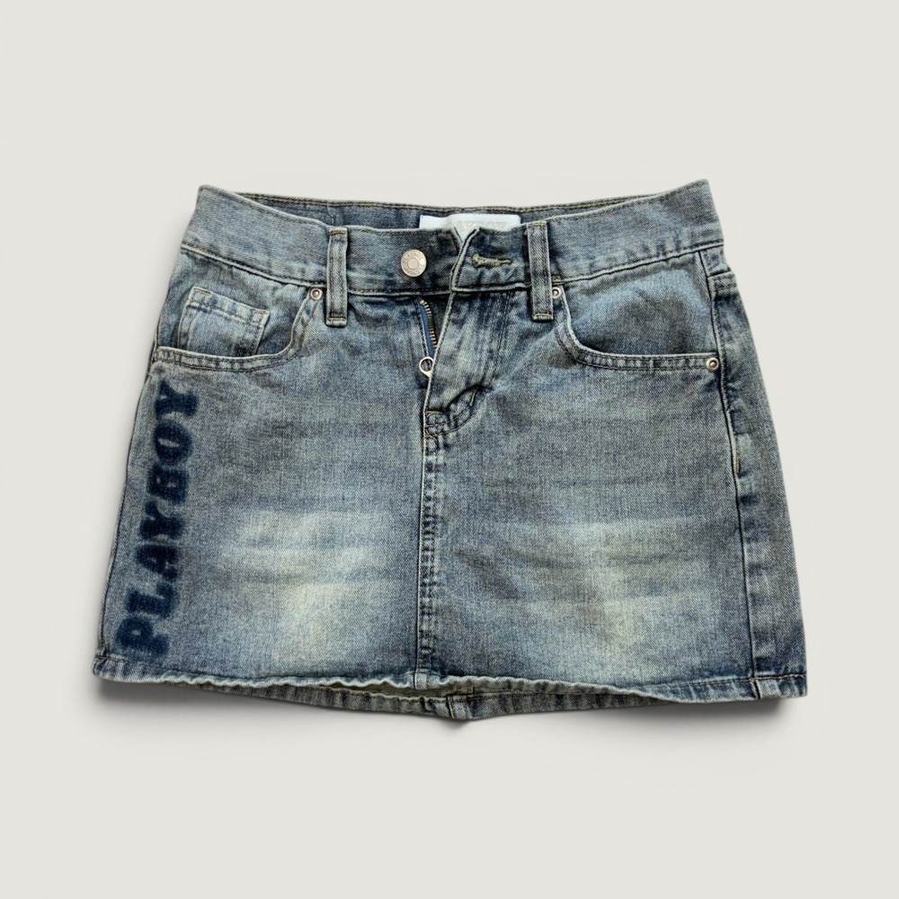 Playboy Denim Mini Skirt Womens 0 Blue Acid Wash Bunny Logo Graphic